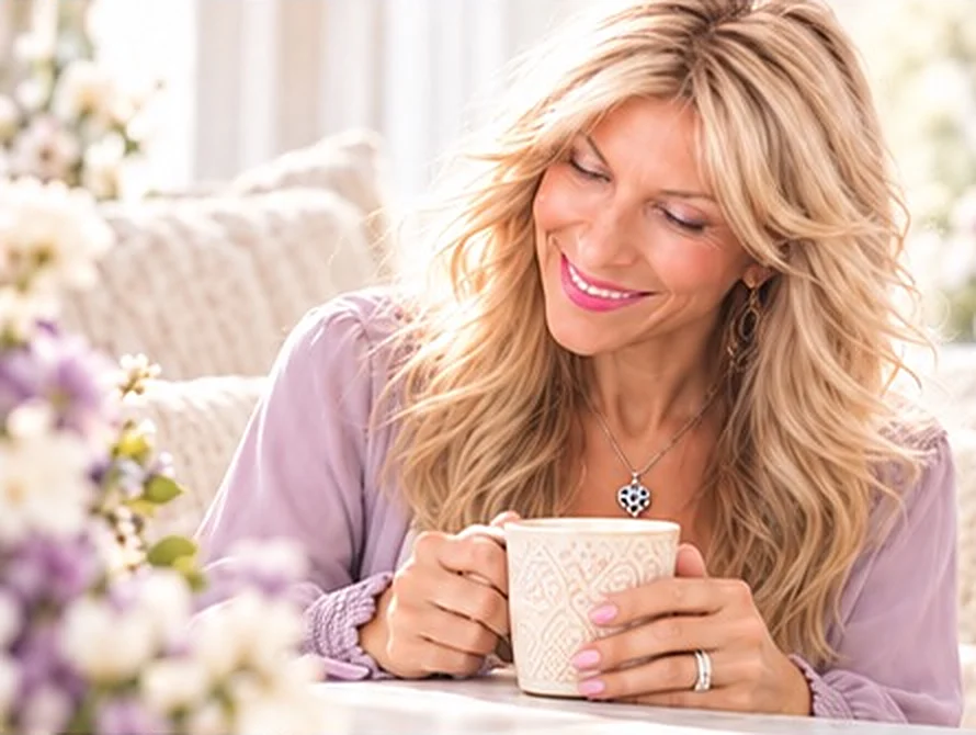 Staci smiling softly, eyes lowered, holding a warm cup in both hands.